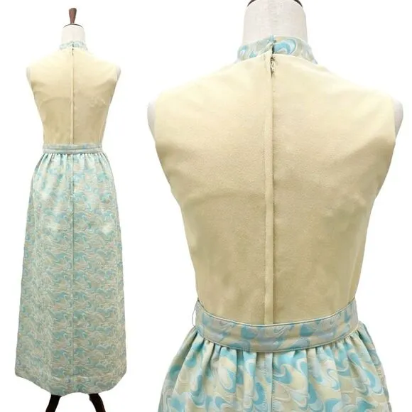 Toni Todd Vintage 60s 70s Dress Pastel Aqua Yellow Mod Evening Gown Modern Sz 6
