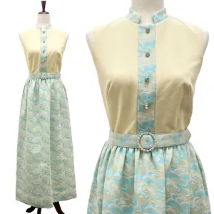 Toni Todd Vintage 60s 70s Dress Pastel Aqua Yellow Mod Evening Gown Modern Sz 6