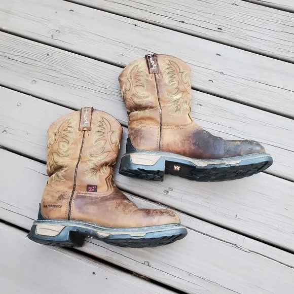 Tony Lama Panhandle Cheyenne Tan Leather Steel Toe Heavy Distressed Work Boots