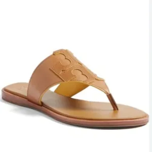 Tori Burch Jamie Full Logo leather sandals Thong Shoes In Royal Tan Euc! Size 8