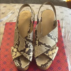 Tory Burch Black and Cream Wedge Sandals