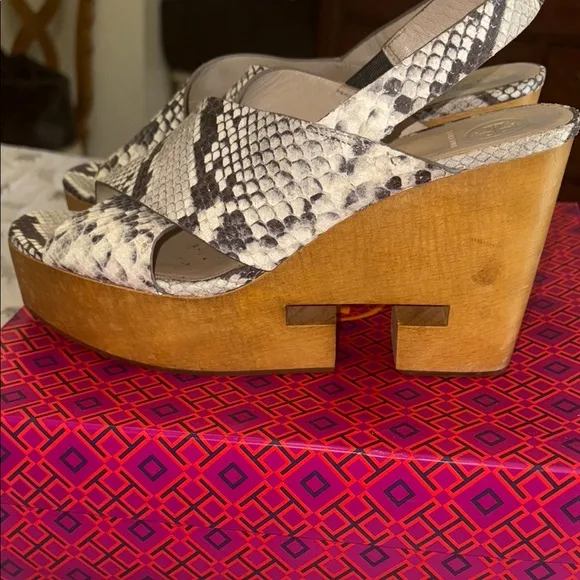 Tory Burch Black and Cream Wedge Sandals