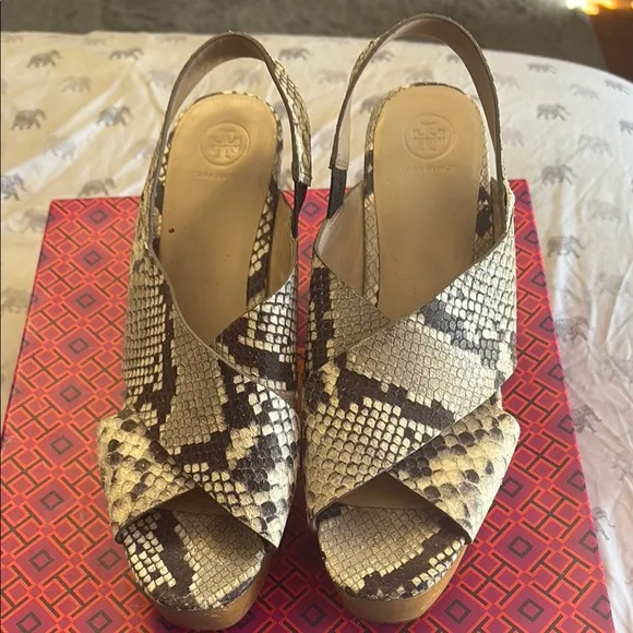 Tory Burch Black and Cream Wedge Sandals