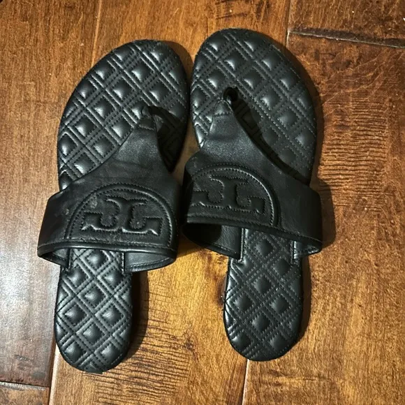Tory Burch Black Quilted Leather Slippers