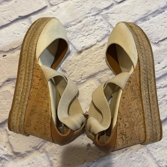 Tory Burch Canvas Cork Espadrille Wedge Sandals Size 8