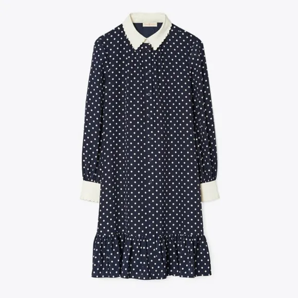 Tory Burch Cora Silk Dress ShirtDress 4 Classic Dot $498  XS