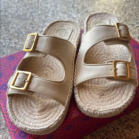 Tory Burch Cream oat milk shoes espadrille slides Sandals with Gold Buckles 9