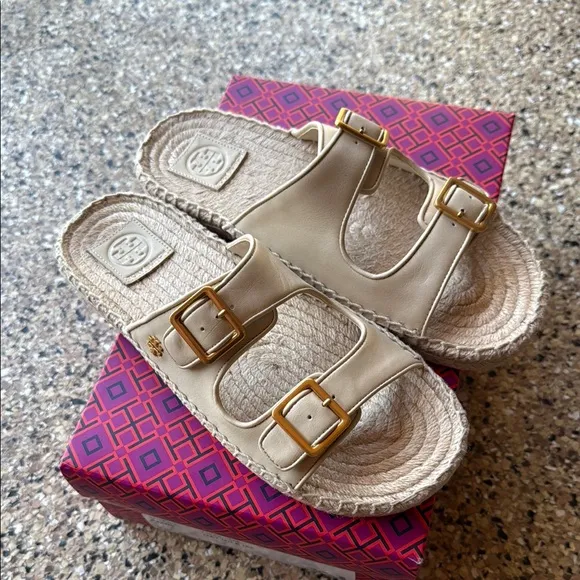 Tory Burch Cream oat milk shoes espadrille slides Sandals with Gold Buckles 9