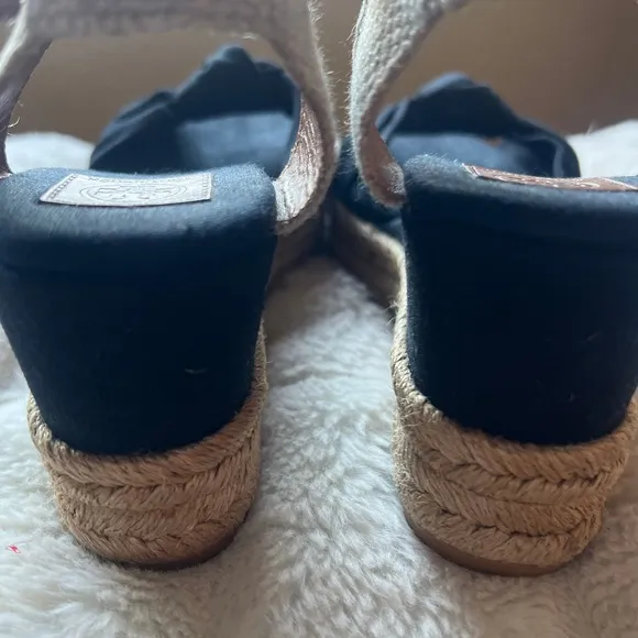 Tory Burch Espadrille Wedge Sandals Knot Detail Ankle Strap Black Size 7