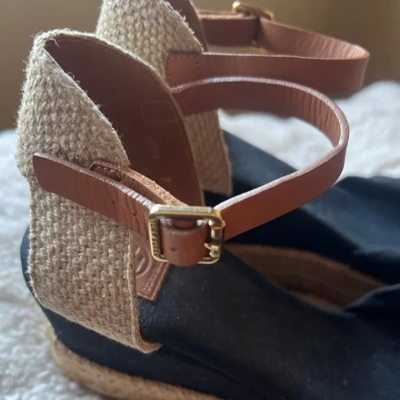 Tory Burch Espadrille Wedge Sandals Knot Detail Ankle Strap Black Size 7