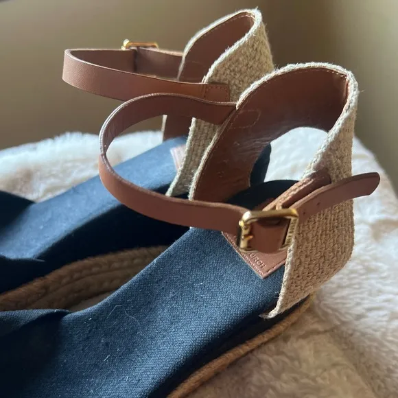 Tory Burch Espadrille Wedge Sandals Knot Detail Ankle Strap Black Size 7