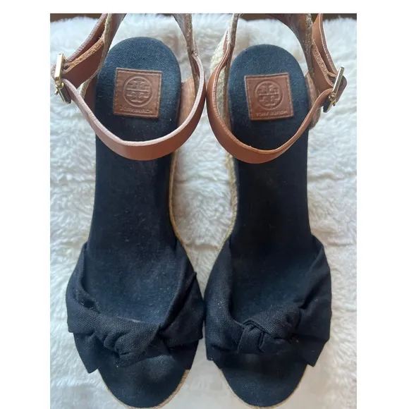 Tory Burch Espadrille Wedge Sandals Knot Detail Ankle Strap Black Size 7