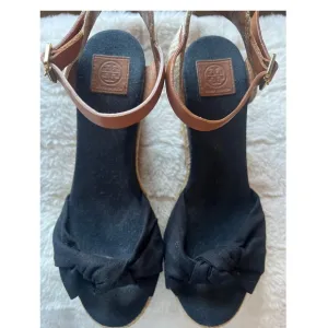 Tory Burch Espadrille Wedge Sandals Knot Detail Ankle Strap Black Size 7