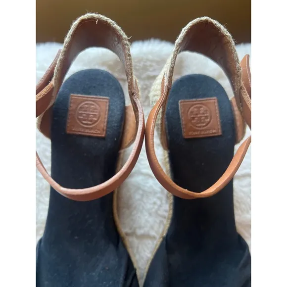 Tory Burch Espadrille Wedge Sandals Knot Detail Ankle Strap Black Size 7