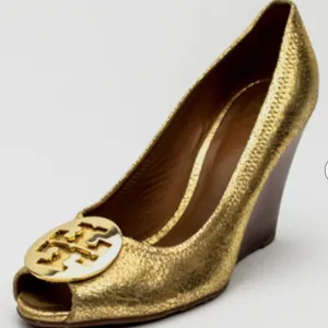 TORY BURCH GOLD PEEP TOE &quot;SALLY WEDGES LEATHER SHOES SZ 10 M