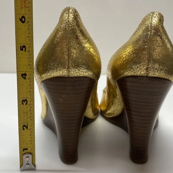 TORY BURCH GOLD PEEP TOE &quot;SALLY WEDGES LEATHER SHOES SZ 10 M