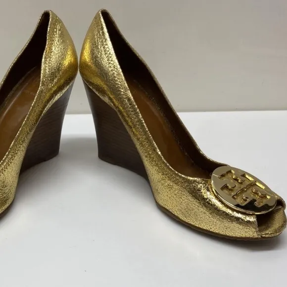 TORY BURCH GOLD PEEP TOE &quot;SALLY WEDGES LEATHER SHOES SZ 10 M