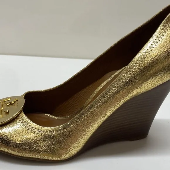 TORY BURCH GOLD PEEP TOE &quot;SALLY WEDGES LEATHER SHOES SZ 10 M