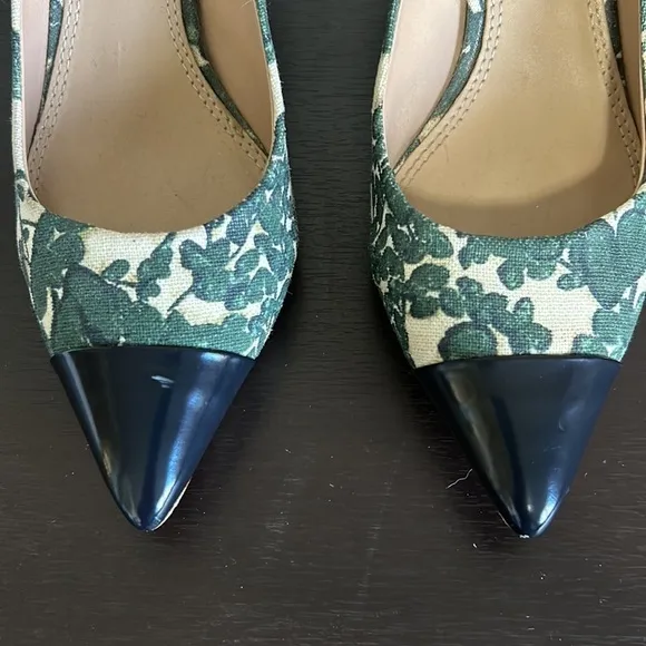 TORY BURCH Issy Floral Heel Pumps Cap Toe Green Cream Sz 8.5