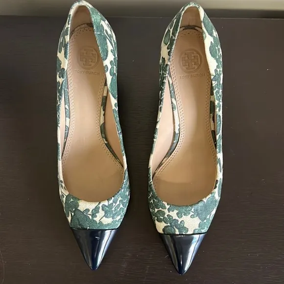TORY BURCH Issy Floral Heel Pumps Cap Toe Green Cream Sz 8.5