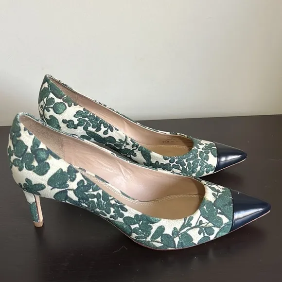 TORY BURCH Issy Floral Heel Pumps Cap Toe Green Cream Sz 8.5