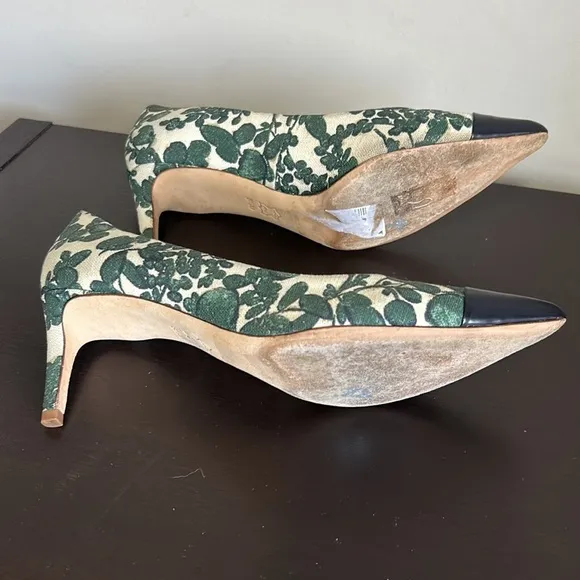 TORY BURCH Issy Floral Heel Pumps Cap Toe Green Cream Sz 8.5