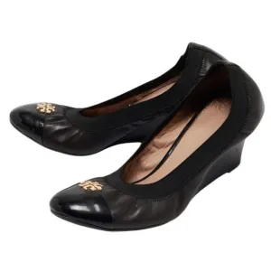 Tory Burch Jolie Cap Toe Black Leather Wedges size 9.5