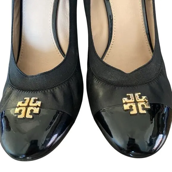 Tory Burch Jolie Cap Toe Black Leather Wedges size 9.5