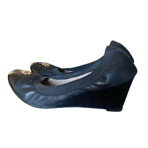 Tory Burch Jolie Cap Toe Black Leather Wedges size 9.5