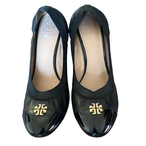 Tory Burch Jolie Cap Toe Black Leather Wedges size 9.5