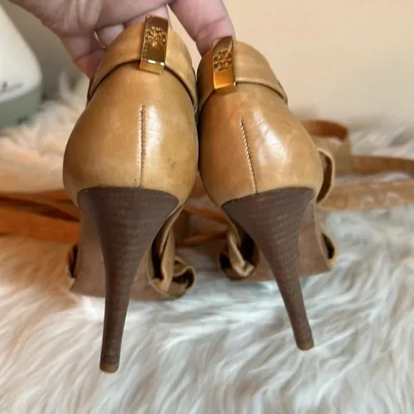 Tory Burch Lounge Wrap-Up Heel Shoes Supple Soft Tan Leather Open Toe Size 7.5M