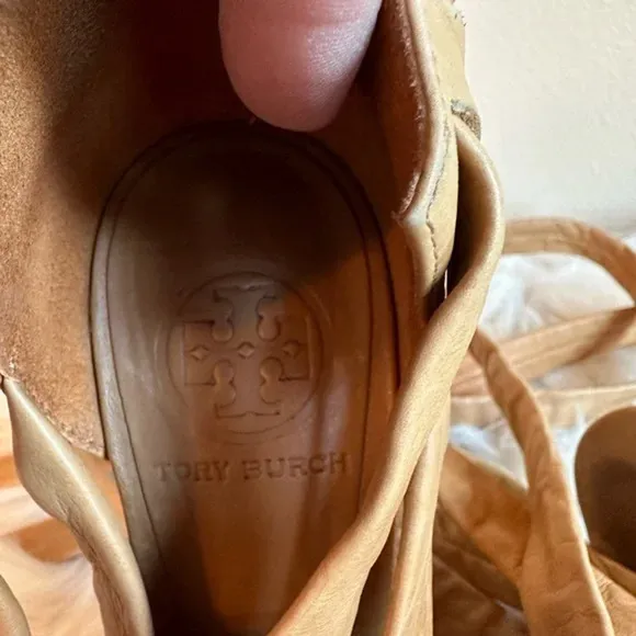 Tory Burch Lounge Wrap-Up Heel Shoes Supple Soft Tan Leather Open Toe Size 7.5M