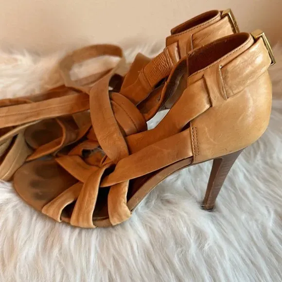 Tory Burch Lounge Wrap-Up Heel Shoes Supple Soft Tan Leather Open Toe Size 7.5M