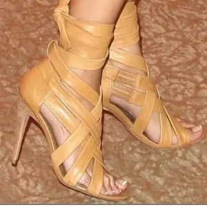 Tory Burch Lounge Wrap-Up Heel Shoes Supple Soft Tan Leather Open Toe Size 7.5M