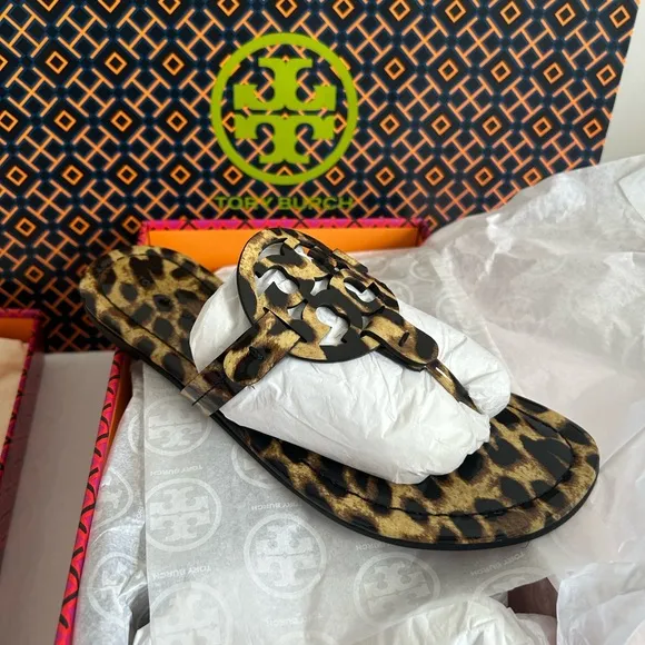 Tory Burch Miller Printed Patent Sandal Natural Leopard Size 7.5 Tan Brown