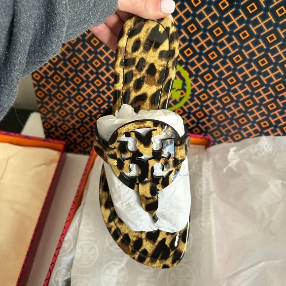 Tory Burch Miller Printed Patent Sandal Natural Leopard Size 7.5 Tan Brown