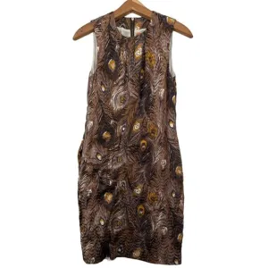 Tory Burch Silk Dress Sz 2 Sleeveless Sheath Back-Zip Brown Peacock Designer