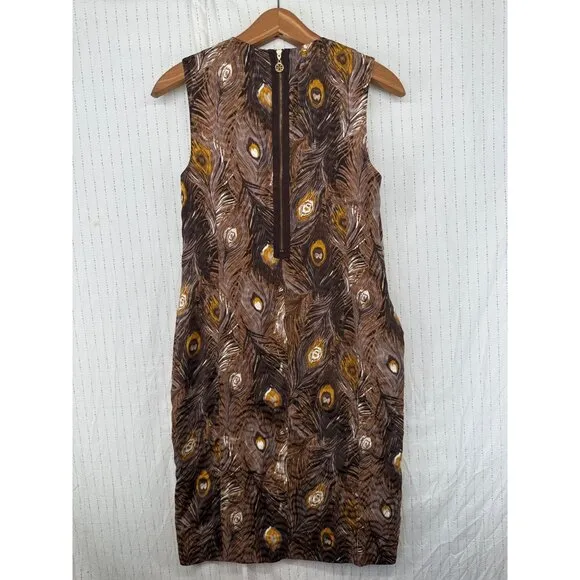 Tory Burch Silk Dress Sz 2 Sleeveless Sheath Back-Zip Brown Peacock Designer