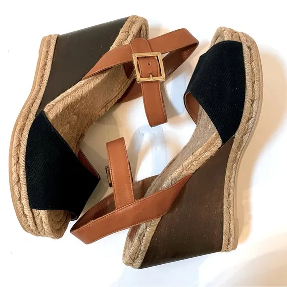 TORY BURCH Wood Wedge Heeled Espadrille Sandals Size 9