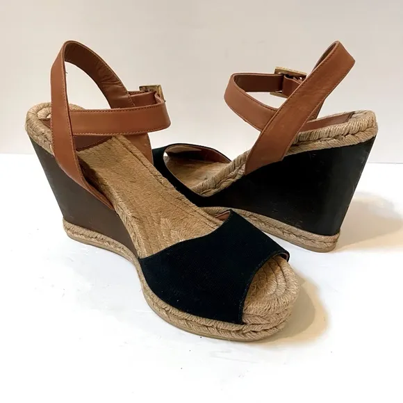 TORY BURCH Wood Wedge Heeled Espadrille Sandals Size 9