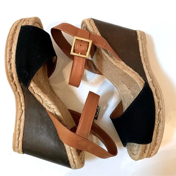 TORY BURCH Wood Wedge Heeled Espadrille Sandals Size 9
