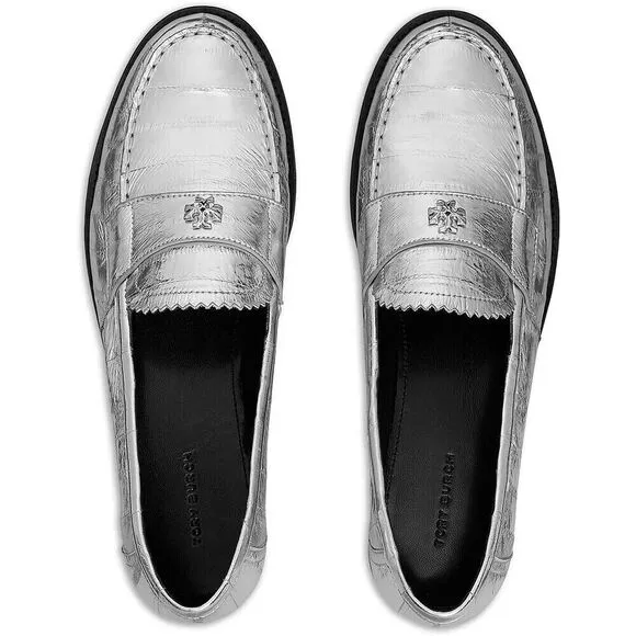 Tory Burch Classic Loafer Women's US 6.5 Silver Leather Moccasin Shoes ZPO1246