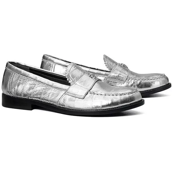 Tory Burch Classic Loafer Women's US 6.5 Silver Leather Moccasin Shoes ZPO1246