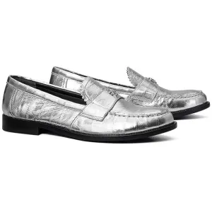 Tory Burch Classic Loafer Women's US 6.5 Silver Leather Moccasin Shoes ZPO1246