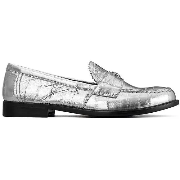 Tory Burch Classic Loafer Women's US 6.5 Silver Leather Moccasin Shoes ZPO1246