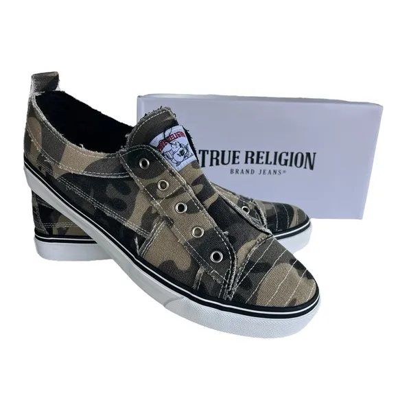 True Religion Men’s Size 11M Green Camo, Brodhi Laceless Canvas Slip On Sneakers