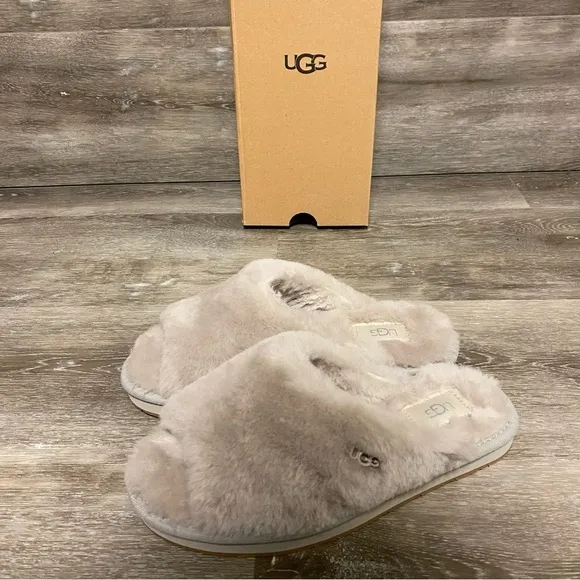 UGG | Annia Peep Toe Sheepskin Slide Slippers In Campfire Grey NEW