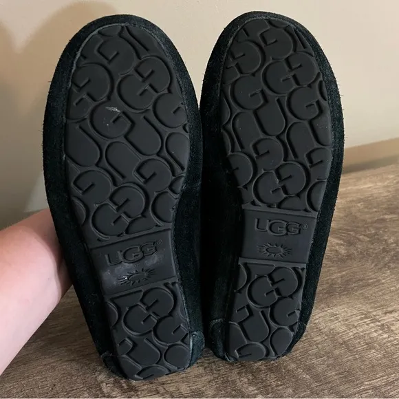 Ugg Ansley Black Suede Leather Slippers Moccasins 1095103 Women’s Sz 7 Fur Lined