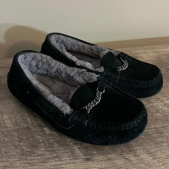 Ugg Ansley Black Suede Leather Slippers Moccasins 1095103 Women’s Sz 7 Fur Lined