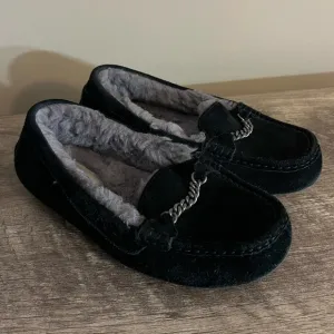 Ugg Ansley Black Suede Leather Slippers Moccasins 1095103 Women’s Sz 7 Fur Lined